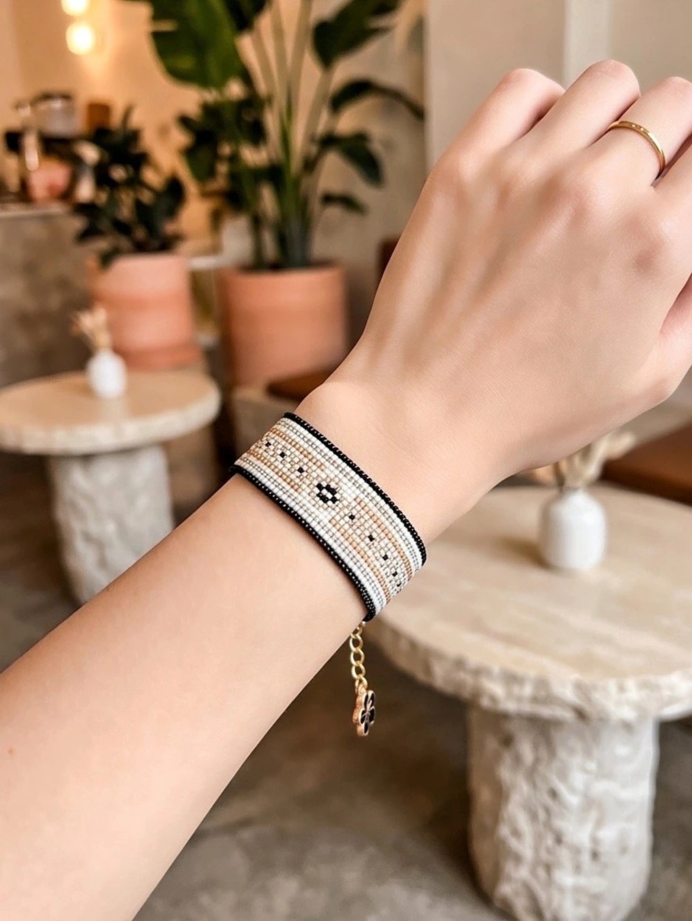 NWT- Atika Loom Black Blossom Bracelet-Miyuki Delica beaded- Black, Gold Silver